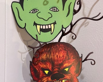 Größen bis zu 11 "Vintage Style Vampir Dracula mit grünem Gesicht, großen Reißzähnen oder Werwolf Halloween Hand geschnitten Kartondekoration, Cupcake Toppers