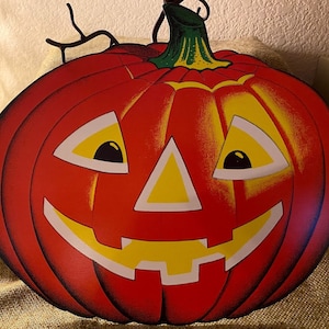 ¡Decoración de fiesta de cartón troquelado para Halloween con forma de calabaza feliz y sonriente de Beistle de 2 caras, estilo vintage NOS, también enmarcable!
