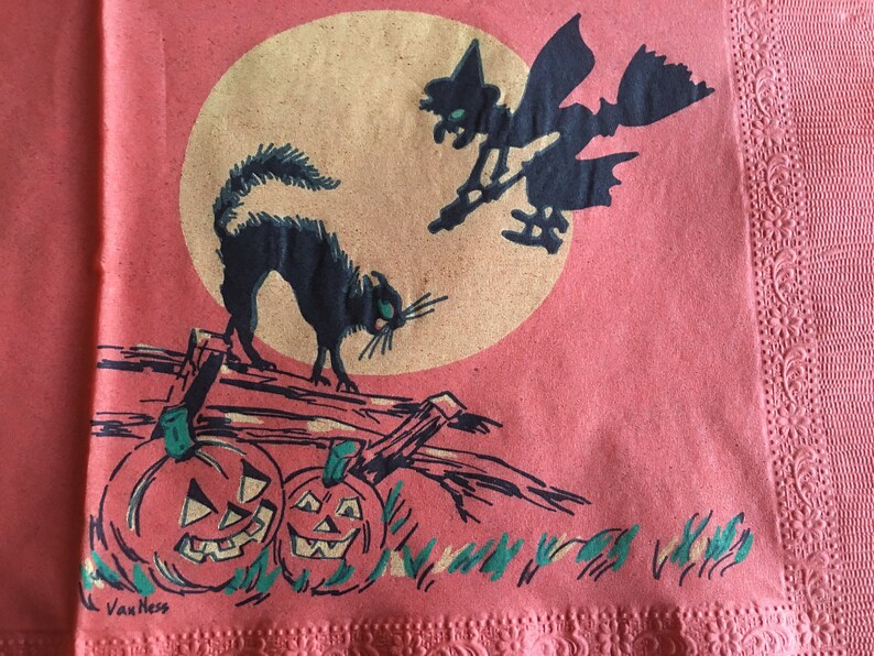 NOS Unused Vintage 1940's Beach Halloween Crepe Paper Napkin,Black Scratch Cat,Witch,JOL Halloween Party Decoration For Framing, Repurposing image 6