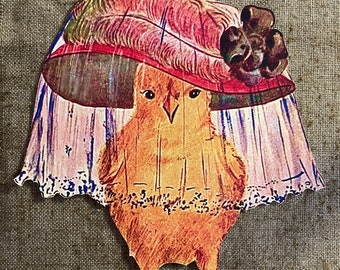 Sizes Up To 12" Vintage Style Repro Chick Chicken in Easter Parade Bonnet and Veil Hand Cut Cardstock Decoration Card,Framing,Cupcake Topper