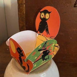 Choice of 3 Sizes Vintage Style Repro 1920s Owl on Branch and More Halloween Party Favor,Candy Container,Nut Cup,Sizes for Cupcakes Too