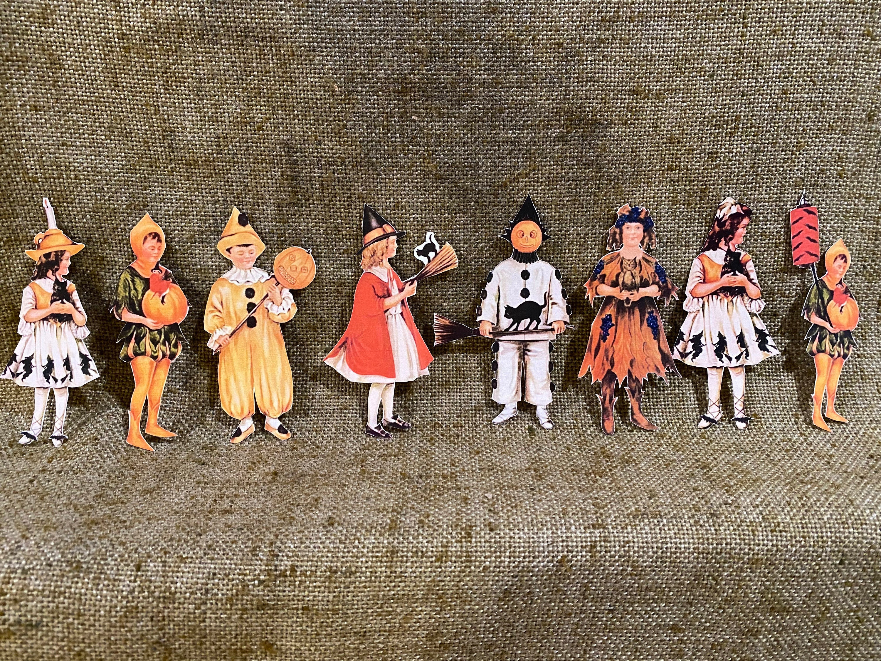 1900s Vintage Style Halloween 8 Styles Witch,Pumpkin Boy Etc Trick or Treaters in Costumes Hand Cut Cardstock Decoration,Large Sizes Too