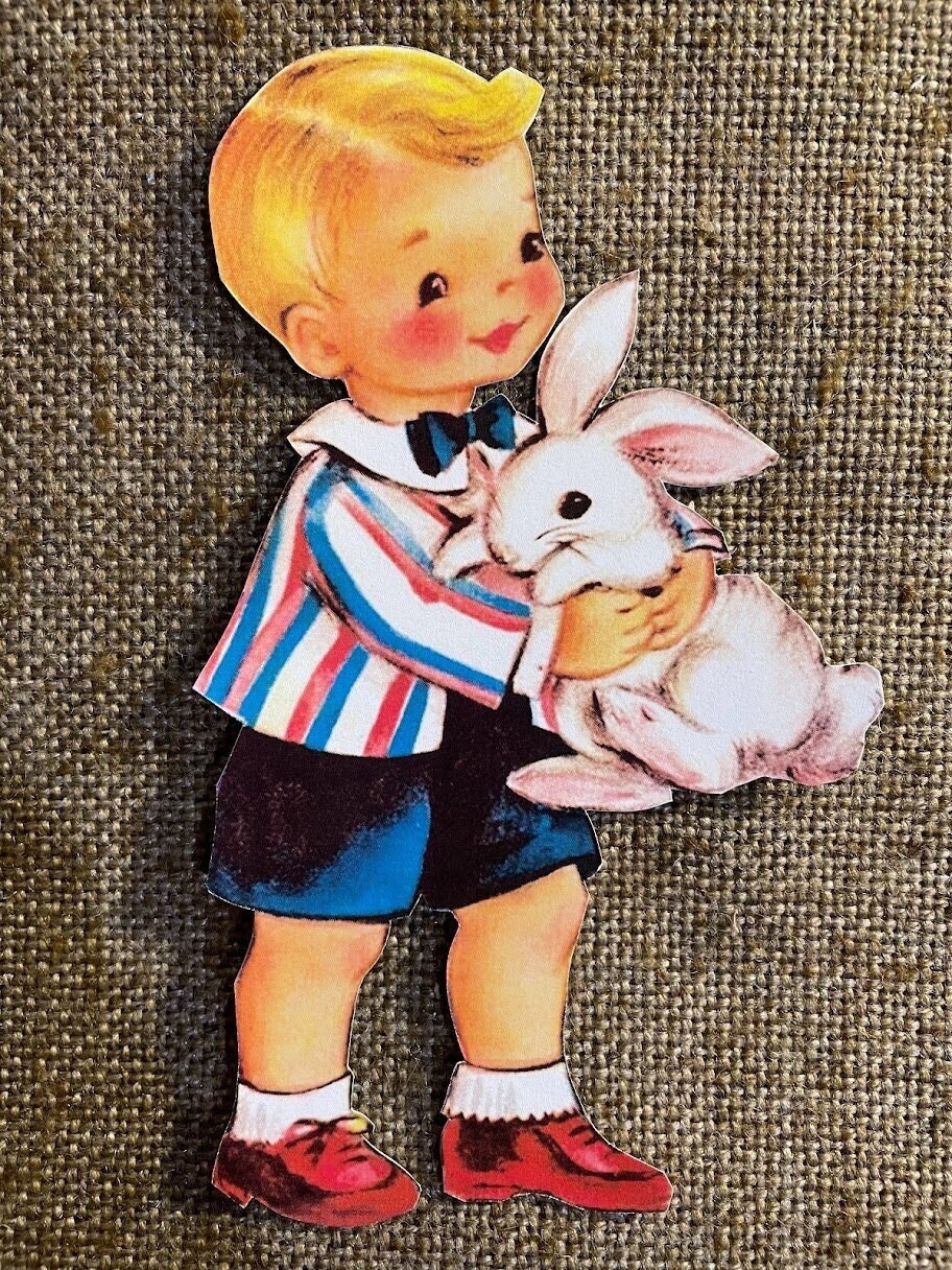 Sizes Up To 16" Vintage Style Repro Blonde Boy in Bowtie Holds Easter Rabbit Hand Cut Cardstock Decoration Card,Framing, Cupcake Toppers