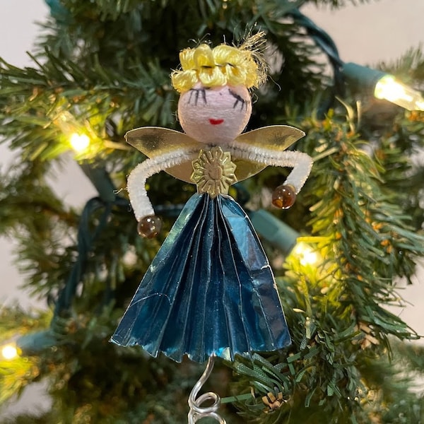 Vintage 1960's Angel in Blue Foiled Paper Gown Christmas Tree Topper for Small Tree, Spun Cotton Head, Chenille Hair Mini  2 3/4" Tall