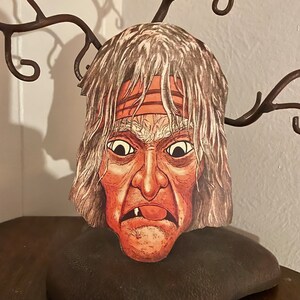 Sizes Up To 15&quot; Vintage Style Witch with Tongue Out, Gray Hair Halloween Hand Cut Cardstock Decoration, Cupcake Toppers Available