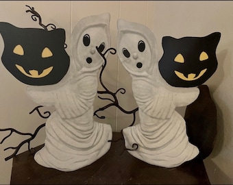 Sizes Up To 15" Vintage Style Ghost Holds Black Cat Halloween Hand Cut Cardstock Decoration, Crafting Framing Etc, Cupcake Toppers Too