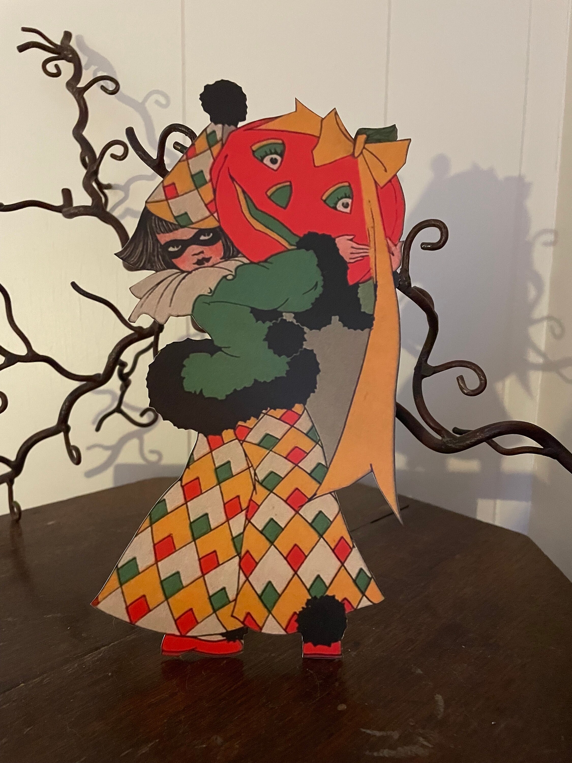 Sizes Up To 16" Vintage Art Deco Style Girl in Harlequin Costume, Masquerade Mask Halloween Hand Cut Cardstock Decoration, Cupcake Toppers