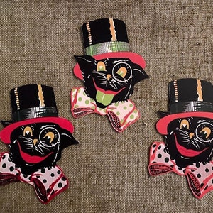 Größen bis zu 15 &quot;3 Farben zur Auswahl Vintage Style Katze im Zylinder, Polka Dot Bow Halloween Hand Cut Cardstock Dekoration, Cupcake Toppers
