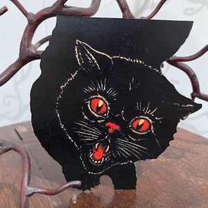 Torse de chat noir de style vintage jusqu'à 16 po., chapeau yeux rouges, décoration Halloween en papier cartonné découpé à la main, encadrement, décorations de cupcakes disponibles