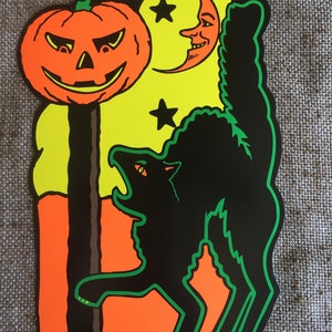 NOS Vintage Style Beistle 2 Seitige Cutout Scratch Cat Neben JOL auf Laternenpfahl Halloween Die Cut Kartondekoration