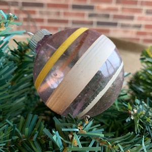Vintage Shiny Brite 2 1/4&quot; UNSILVERED Light Purple Tint Color with Handpainted  Stripes Glass Christmas Ornament, 1940&#39;s WWII Wartime Era