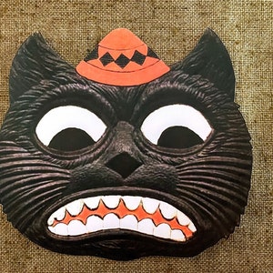 NOW Sizes Up To 12" Vintage 1900s Style Black Cat Face, Frowning Teeth, Halloween Hand Cut Cardstock Decoration, Cupcake Toppers Available