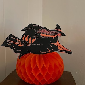 Vintage Style Honeycomb Pumpkin, Cardstock Flying Witch Sits Top Halloween Party Table Centerpiece Decoration, 3 pc, Choose Size and Witch