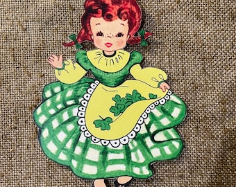 Sizes Up To 14" Vintage 1940s Style Girl Shamrock Plaid Dress St. Patrick's Day Hand Cut Cardstock Decoration,Crafting, Cupcake Toppers Too