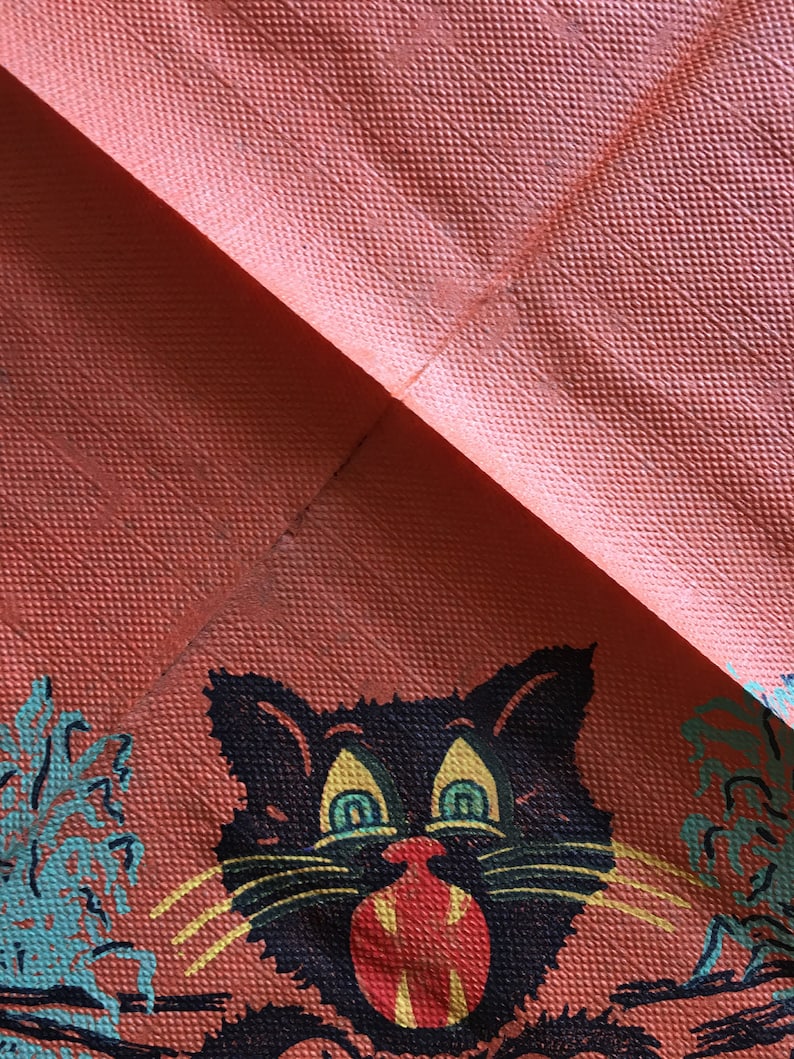 NOS Unused Older Vintage Litho Crepe Paper Halloween Napkin,Black Cat Showing Fangs Sits in JOL Pumpkin, Great for Framing or Repurposing image 3