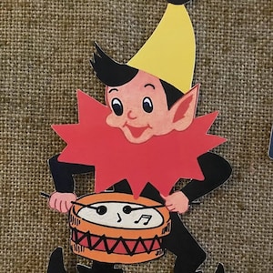 Sizes Up To 16&quot; Vintage Style Christmas Pixie Elf Playing Drums Hand Cut Cardstock Christmas Party Decoration,Framing Etc, Cupcake Toppers