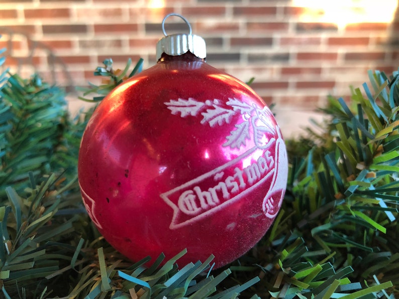 Vintage 2 14 Shiny Brite Stenciled 50/'s Dark Pink Christmas Greetings Ribbon Banner with Bell Mercury Glass Christmas Ornament