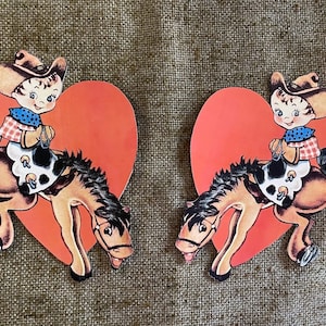 NOW Sizes Up To 15" Vintage Style Repro Western Cowgirl or Cowboy on Horse Valentine's Day Hand Cut Cardstock Decoration, Cupcake Toppers