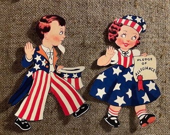 Sizes Up To 16&quot; Vintage Style Boy Uncle Sam or Girl in Americana July 4 USA Patriotic Dress, Hand Cut Cardstock Decoration, Cupcake Toppers
