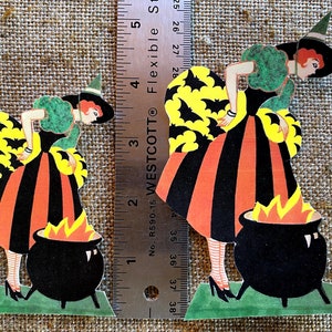 Sizes Up To 16" Vintage Style Art Deco Girl Witch in Bat Dress Stirs Cauldron,Halloween Hand Cut Cardstock Decoration,Crafts,Cupcake Toppers