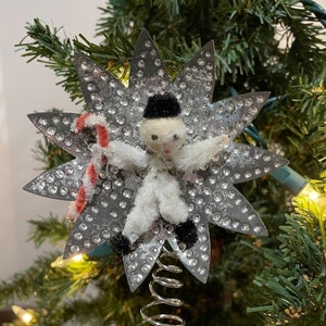 Antique Vintage 1940&#39;s Spun Cotton Chenille Snowman  Carrying Candy Cane, Punched Tin Feather Christmas Tree Topper, Mini 3&quot;