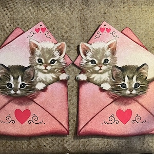 Sizes Up To 13" Vintage 1940s Style Cats Kittens in Letter Envelope Valentine's Day Hand Cut Cardstock Decoration,Crafts Cupcake Toppers
