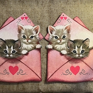 Tailles jusqu'à 33 cm, style vintage des années 40, chatons dans une enveloppe à lettres, décoration en papier cartonné découpé à la main pour la Saint-Valentin, décorations pour cupcakes artisanaux