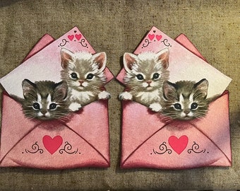 Tamanhos até 13" Vintage 1940s Estilo Gatos Gatinhos em Carta Envelope Dia dos Namorados Cartão Cortado à Mão Decoração, Artesanato Cupcake Toppers