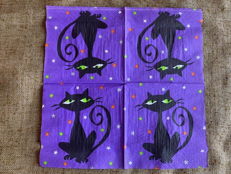 DOLLAR DAYS NOS Unused 6 1/2 Hallmark Halloween Party Crepe Paper Napkin,Groovy Cat Green Eyes Vintage Style Decoration to Frame,Repurpose image 3