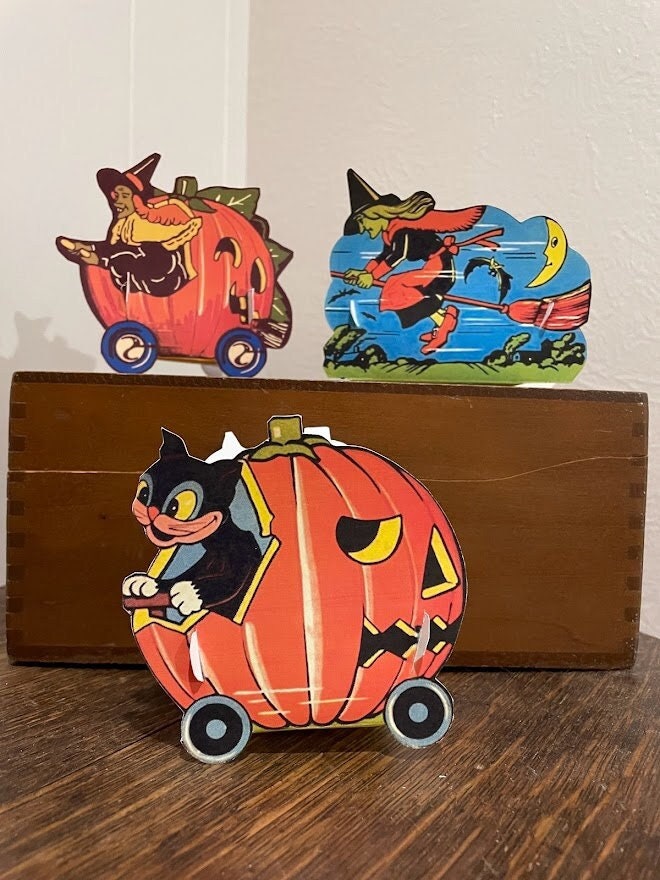 Choose SizesDesigns of Vintage Style Repro of Witch Flying or Cat in Pumpkin Car Halloween Party Favor Decoration Candy