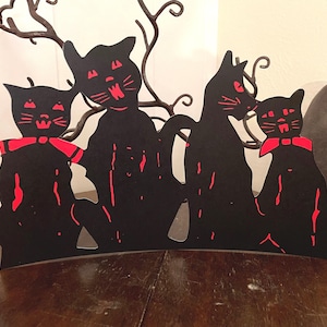 Sizes Up To 17"  Vintage Style Black Cat Family with Red Bows Sits Together Halloween Hand Cut Cardstock Decoration, Cupcake Toppers Too