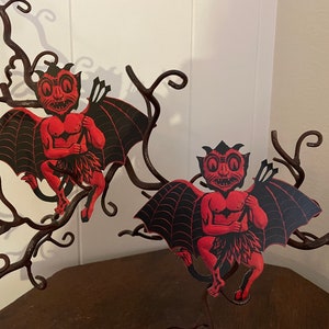 Sizes Up To 14" Vintage Style Art Deco Flying Devil with Bat Wings,Pitchfork Halloween Hand Cut Cardstock Decoration,Cupcake Toppers,Style A