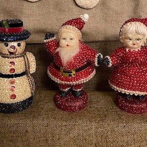 Choice of Vintage Mid Century Jolly Waving Santa,Mrs. Santa or Rare Snowman Sequined Sequin Glittered Christmas Figures, Larger 7 1/4 &quot; Tall