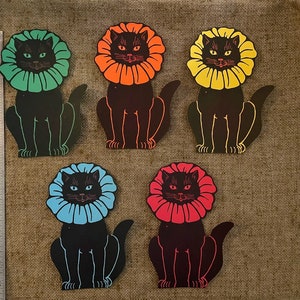 Chat de style vintage, NOMBREUSES COULEURS, avec col à volants, décoration Halloween en papier cartonné découpé à la main, tailles de 2 à 10 lg, décorations de cupcakes également !
