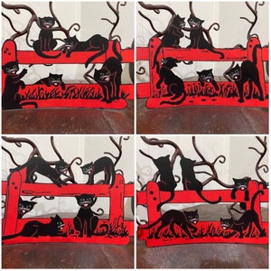 Tailles jusqu'à 16" style vintage au choix 4 poses de 5 chats assis sur une clôture Halloween décoration en papier cartonné découpé à la main, décorations de cupcakes disponibles