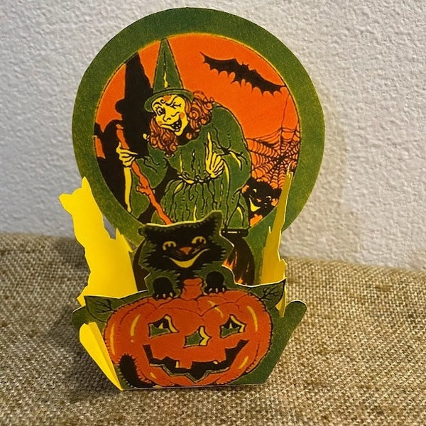 Choice of 3 Sizes of Vintage Style Repro of 1920s Witch,Cauldron,Cat in JOL Halloween Party Favor,Candy Container,Nut Cup,Fits Cupcakes Too