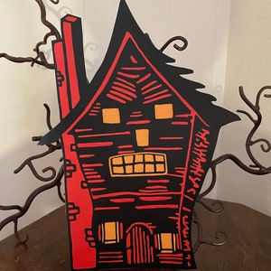 Sizes Up To 15&quot; Vintage Style Red Black Haunted House Windows Angry Face Halloween Hand Cut Cardstock Decoration,Invitation, Cupcake Toppers