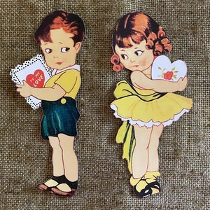 Sizes Up To 17" Vintage 1940s Style Repro Boy or Girl Hold Cards Valentine's Day Hand Cut Cardstock Decoration,Crafting, Cupcake Toppers