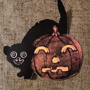 NOW Sizes Up To 12" Vintage 1900s Style Cat Behind JOL Pumpkin Halloween Hand Cut Cardstock Decoration, Framing, Cupcake Toppers Available