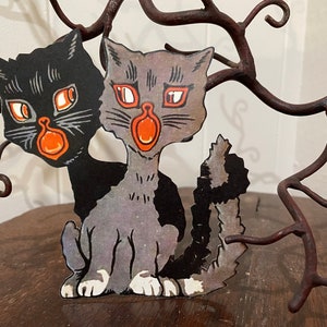 Couple de chats noirs et gris en colère de style vintage jusqu'à 30 cm, recroquevillés ensemble, décoration Halloween en papier cartonné découpé à la main, décorations de cupcakes