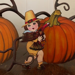 Sizes Up To 16&quot; Vintage 1900s Style Repro Boy Carrying Thanksgiving Turkey Hand Cut Cardstock Decoration, Crafting Etc, Cupcake Toppers Too