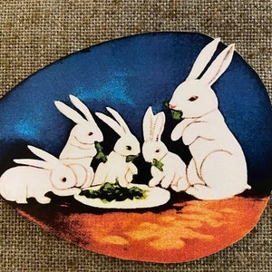 Tamaños de hasta 14" Estilo vintage Familia de conejos de Pascua de 1900 comiendo lechuga Huevo en forma de decoración de cartulina cortada a mano, tarjeta, manualidades, adorno para cupcakes