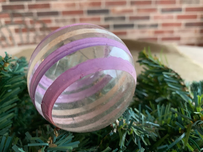 White Stripes Glass Christmas Ornament Vintage Shiny Brite 2 14  UNSILVERED  Clear with Handpainted Pale Purple 1940/'s WWII Wartime Era