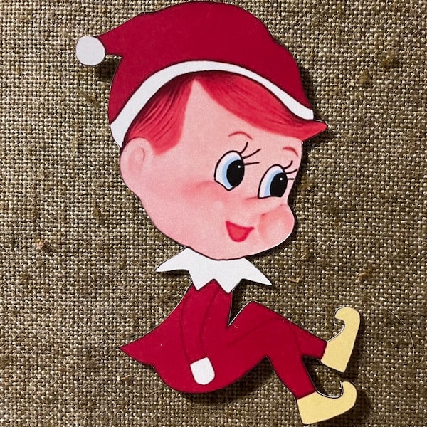 Sizes Up To 15" Vintage Style Christmas Pixie Elf in Red Suit Hand Cut Cardstock Christmas Party Decoration,Framing Etc, Cupcake Toppers Too