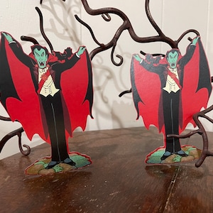 Sizes Up To 16&quot; Vintage Style Vampire Dracula in Tuxedo and Cape with Cat Halloween Hand Cut Cardstock Decoration, Cupcake Toppers Too