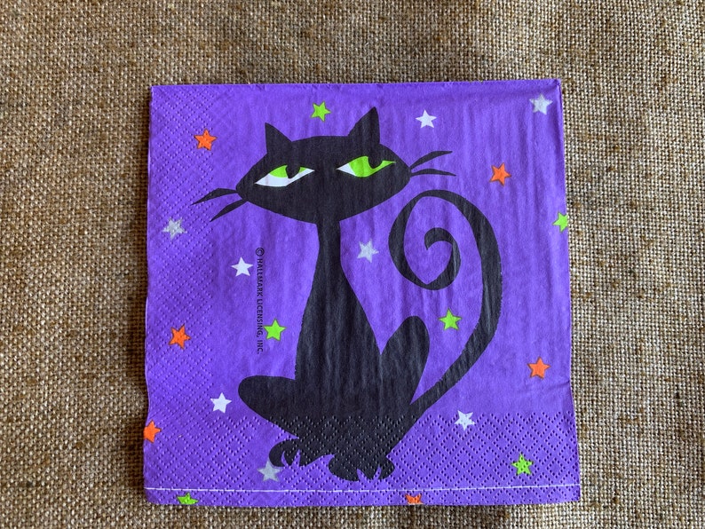 DOLLAR DAYS NOS Unused 6 1/2 Hallmark Halloween Party Crepe Paper Napkin,Groovy Cat Green Eyes Vintage Style Decoration to Frame,Repurpose image 2