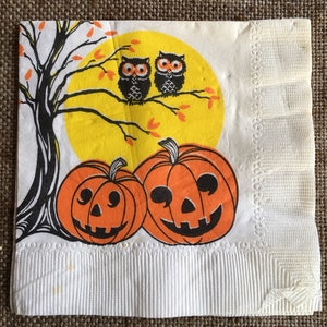 NOS Unused 5 Vintage Halloween White Crepe Paper Dessert Napkin,Owl,Moon,JOL Pumpkin Halloween Party Decoration For Framing,Repurposing image 1