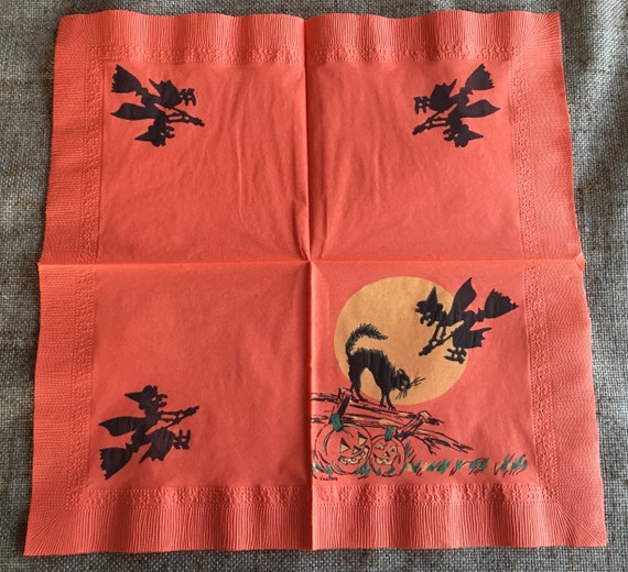 NOS Unused Vintage 1940's Beach Halloween Crepe Paper Napkin,Black Scratch Cat,Witch,JOL Halloween Party Decoration For Framing, Repurposing