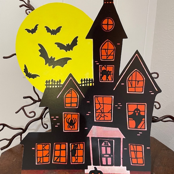 Sizes Up To 13" Vintage Style Haunted Houses Glowing Windows, Moon Bats Halloween Hand Cut Cardstock Decoration ,Invitation, Cupcake Toppers