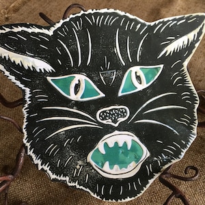Sizes Up To 12" Vintage Style Black  Gray Cat Face, Green Or Red Eyes,Halloween Hand Cut Cardstock Decoration, Cupcake Toppers Available